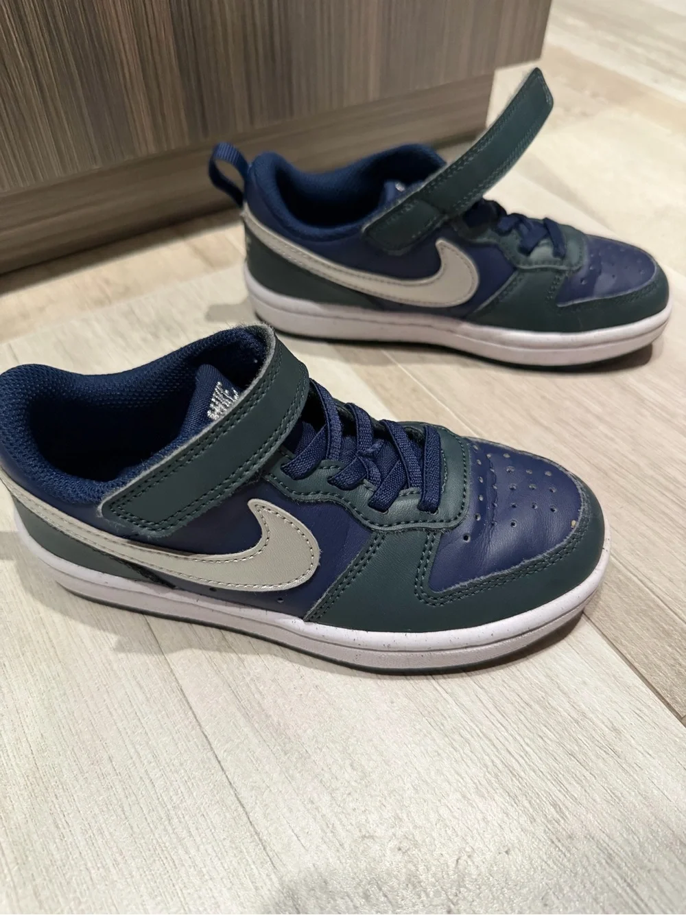 Nike Kids Court Borough Low Recraft Sneakers in Dark Green, Navy & Silver 11.5